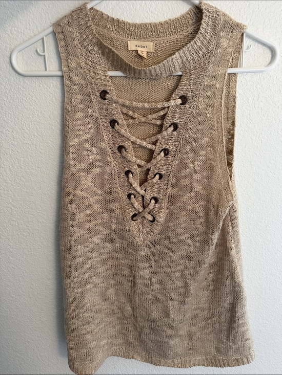 debut Tops - debut Lace-Up Knit Tank Top in Tan Beige